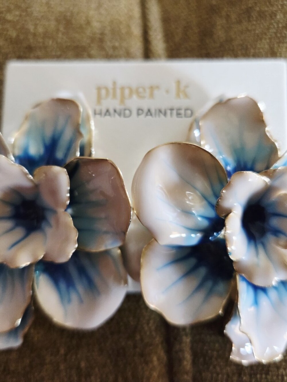NWT Piper K big Blue Flower Earrings Hand Painted.
